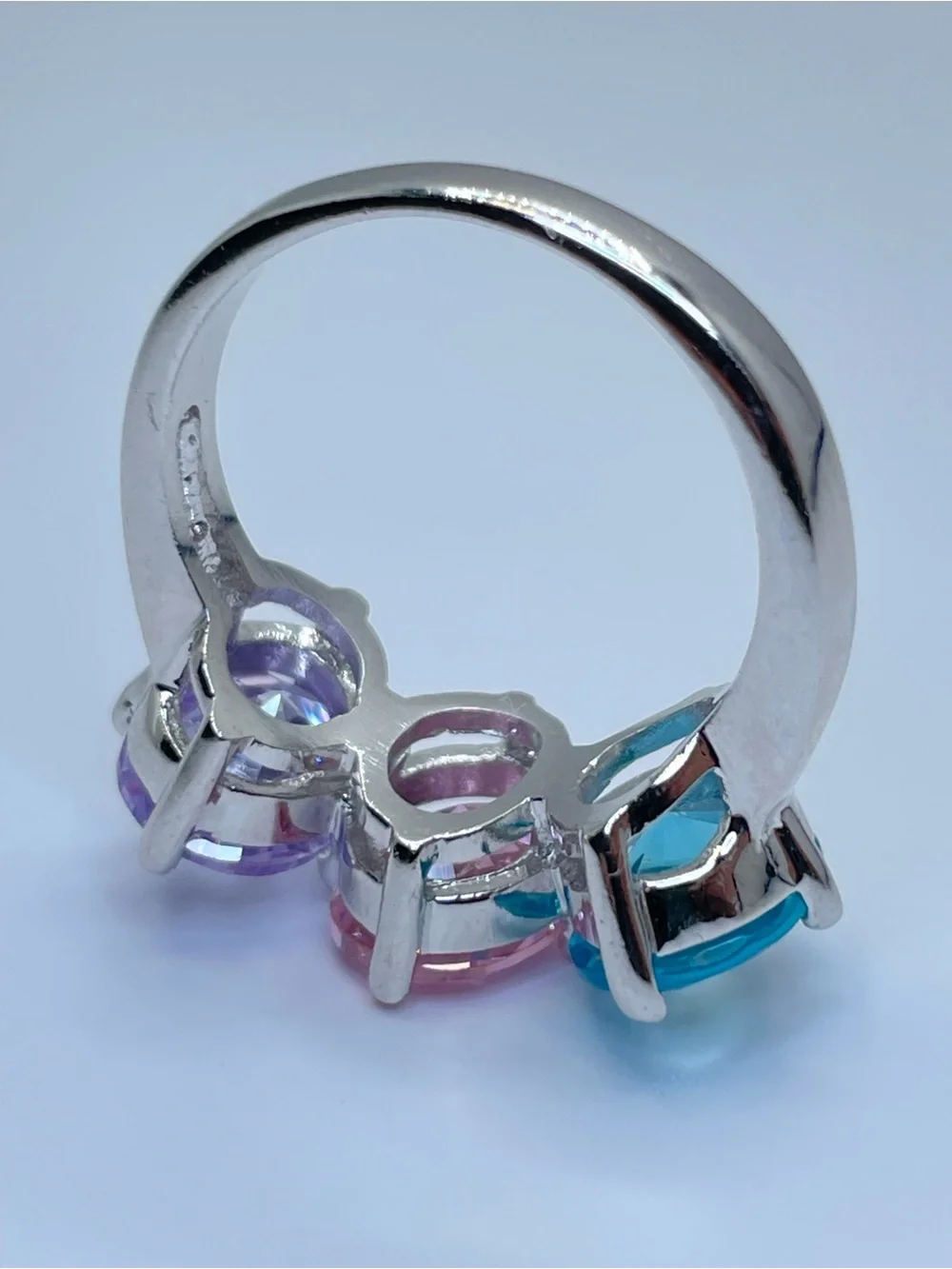 Swarovski Crystal Elements 3 Stone Silver Ring Pink Blue Purple Sz 7 Statement